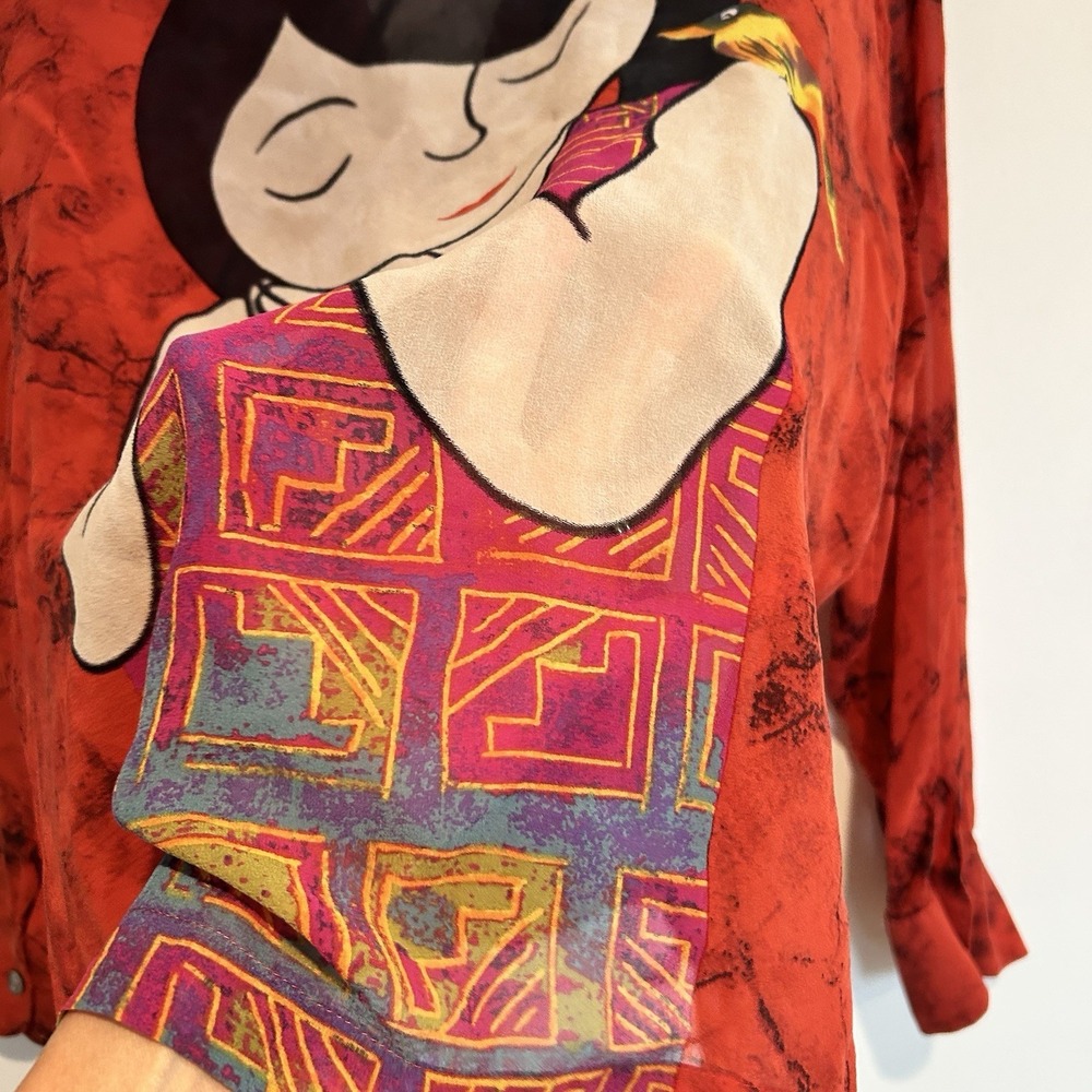 Vintage CHICOS 2 Large 100% Sheer Silk Red Blouse Asian Lady & Bird ART TO WEAR - Picture 5 of 10